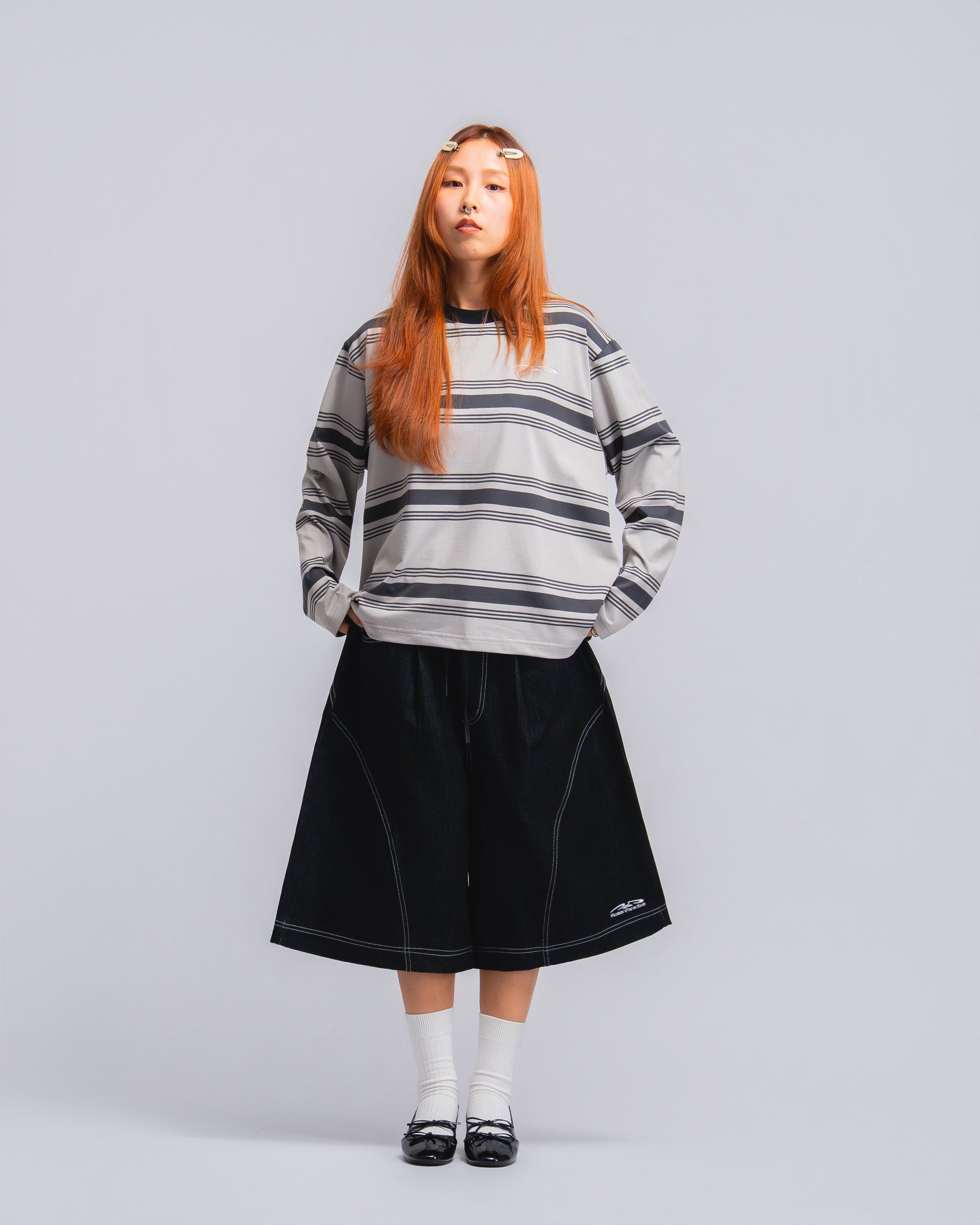 Logo Stripe Cropped L/S Tee Grey